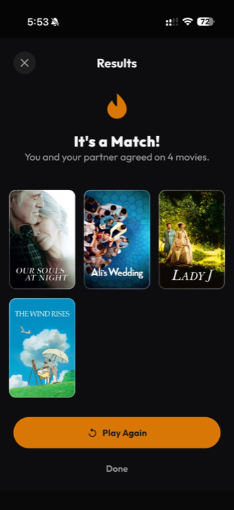 Miru match result screen showing four films two partners agreed on
