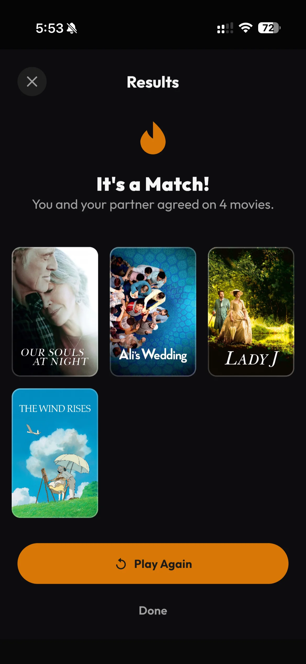 Miru match result showing four films two friends agreed on